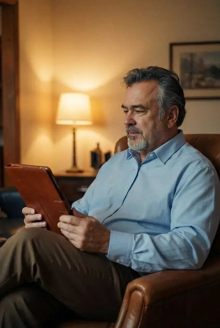 A husband calmly reading How to Fight With Your Wife